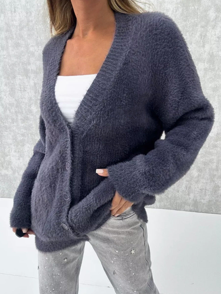 Damen Flauschiger Oversize-Cardigan mit tiefer V-Ausschnitt, Knopfleiste und Eingrifftaschen Drune