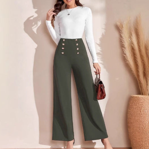 Damen Hochwaisted Weite Hose mit dekorativen Knöpfen Drune