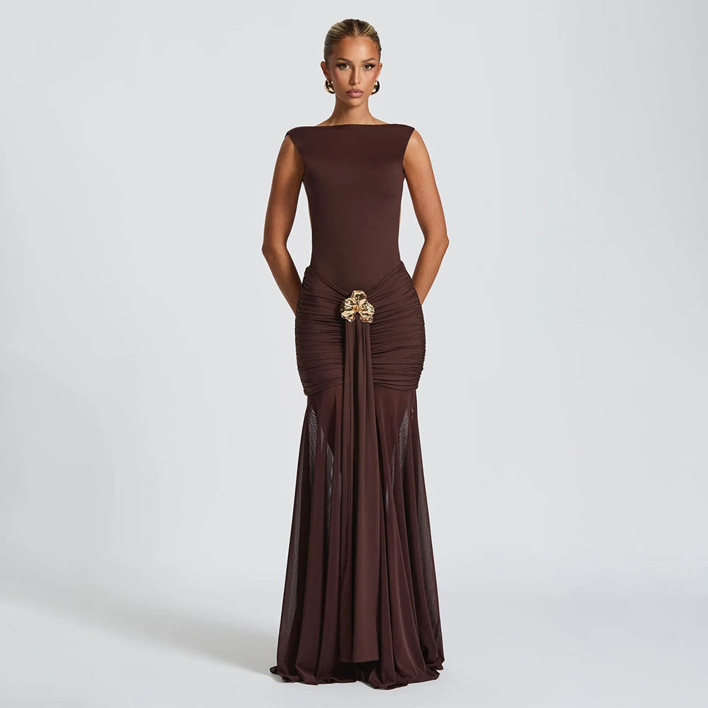 Damen Elegantes Maxikleid mit tailliertem Oberteil und einzigartiger Drapierung Drune