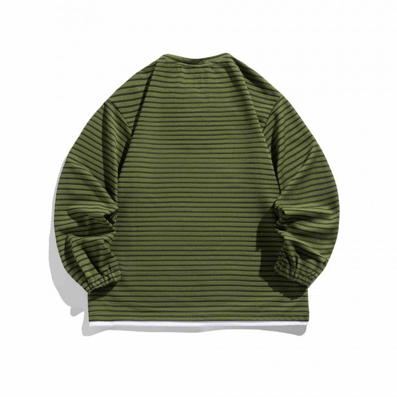 Unisex Gestreifter Oversize-Pullover mit Schnürkragen und Strukturstrick Drune