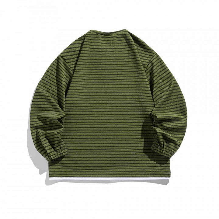 Unisex Gestreifter Oversize-Pullover mit Schnürkragen und Strukturstrick Drune