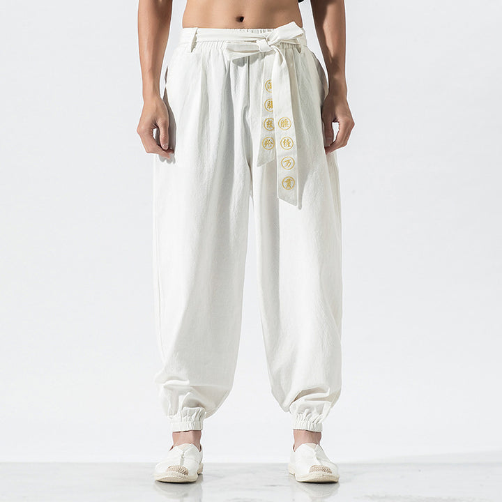 Damen nan weite Leinenhose mit Tunnelzug Bund Bindedetail und elastischen Knöchelabschlüssen Drune