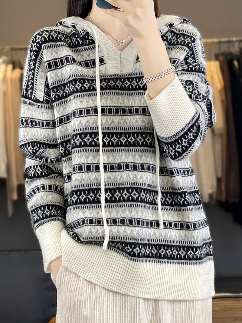Damen Oversize Jacquard-Strickkapuzenpullover mit V‑Schlitz und gerippten Bündchen Drune