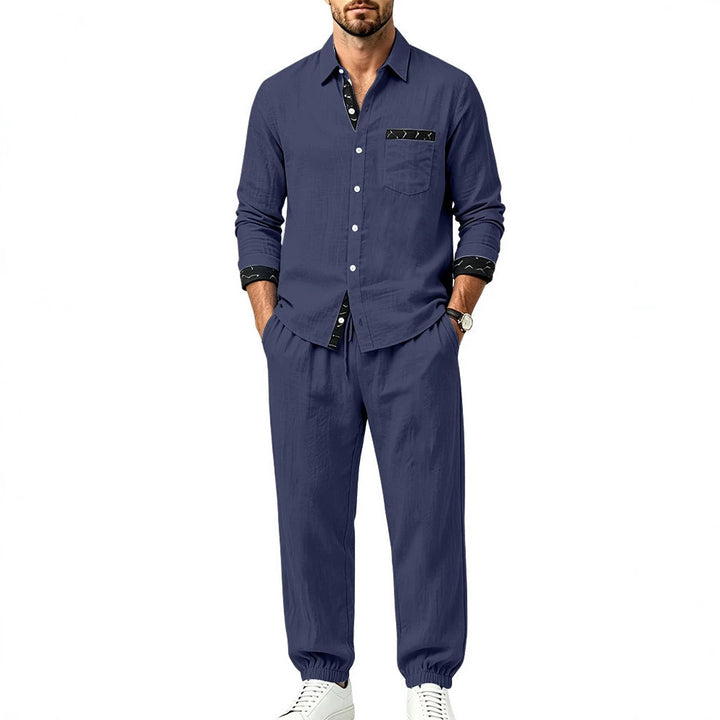 Herren Leichter Baumwoll-Loungewear-Zweiteiler mit Hemd und Kordel-Jogger Drune