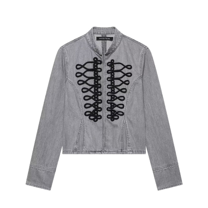 Damen Cropped Jeansjacke mit Mandarin‑Kragen und dekorativen Zierknoten Drune