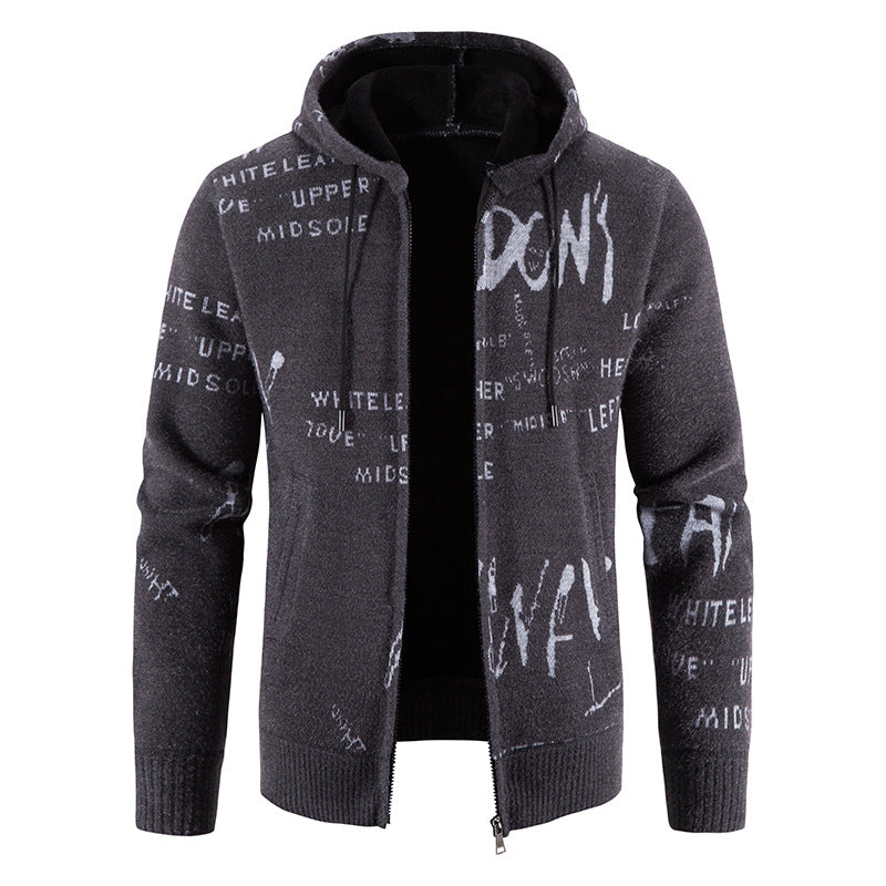 Herren Strick-Kapuzenjacke mit durchgehendem Reißverschluss, grafischem Allover-Print und Eingrifftaschen Drune