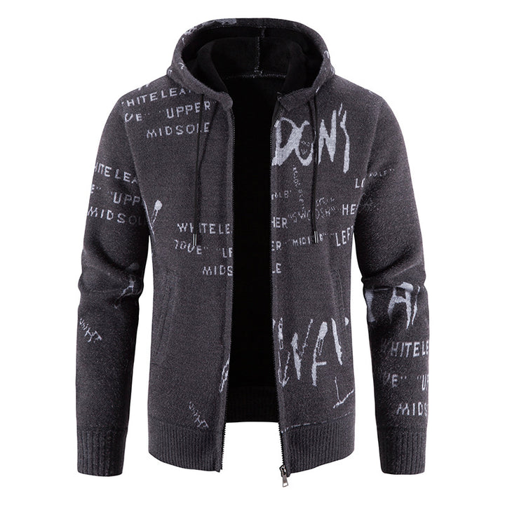Herren Strick-Kapuzenjacke mit durchgehendem Reißverschluss, grafischem Allover-Print und Eingrifftaschen Drune