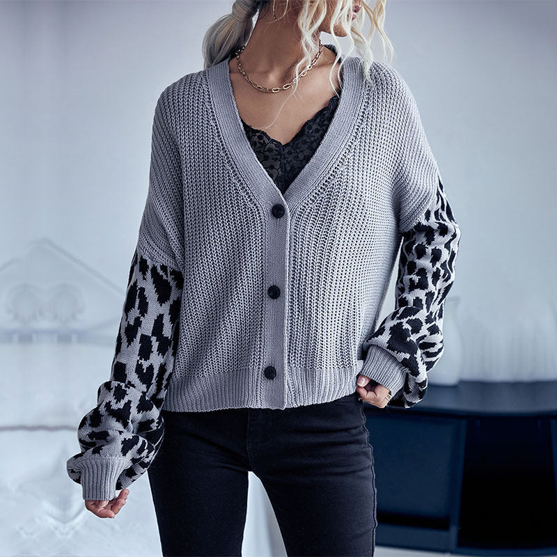 Damen Oversize Strickcardigan mit Leopardenmuster-Ärmeln und V‑Ausschnitt Drune