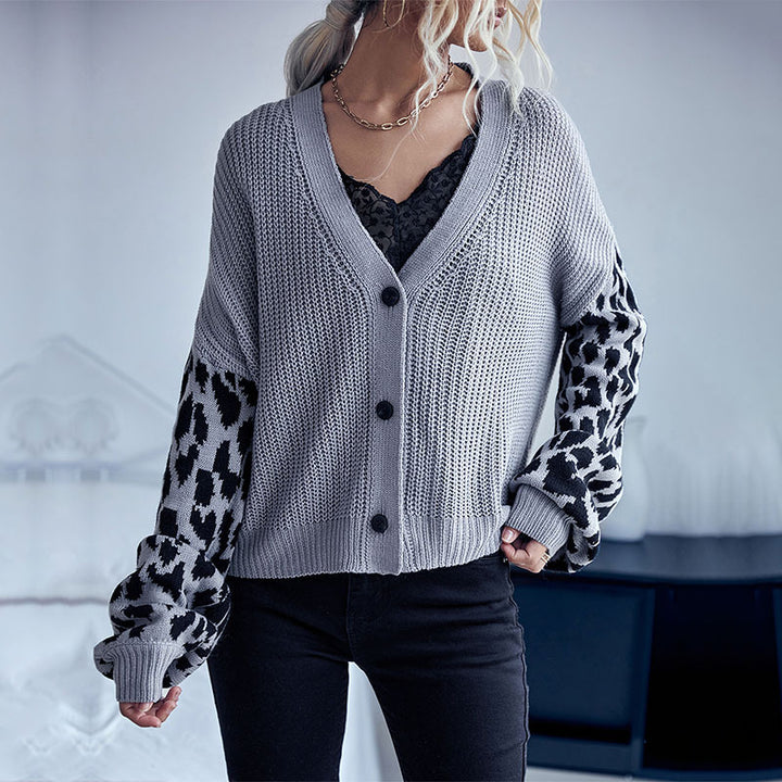 Damen Oversize Strickcardigan mit Leopardenmuster-Ärmeln und V‑Ausschnitt Drune