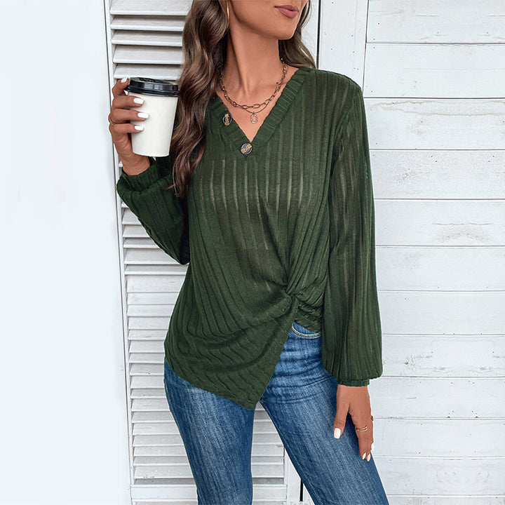 Damen Tailliertes Rippstrick-Longsleeve mit V‑Ausschnitt, Knopfleiste und Twist‑Knoten Drune