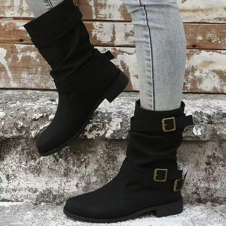 Damen nan lässiger mittlerer Schaftstiefel mit weichem Slouch-Effekt, dekorativen Schnallenriemen und robustem Blockabsatz Drune