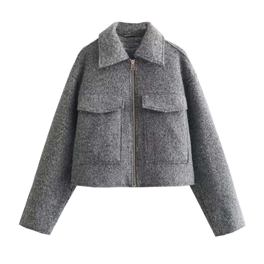 Damen Kurze Wolloptik-Boxyjacke mit Reißverschluss und aufgesetzten Pattentaschen Drune