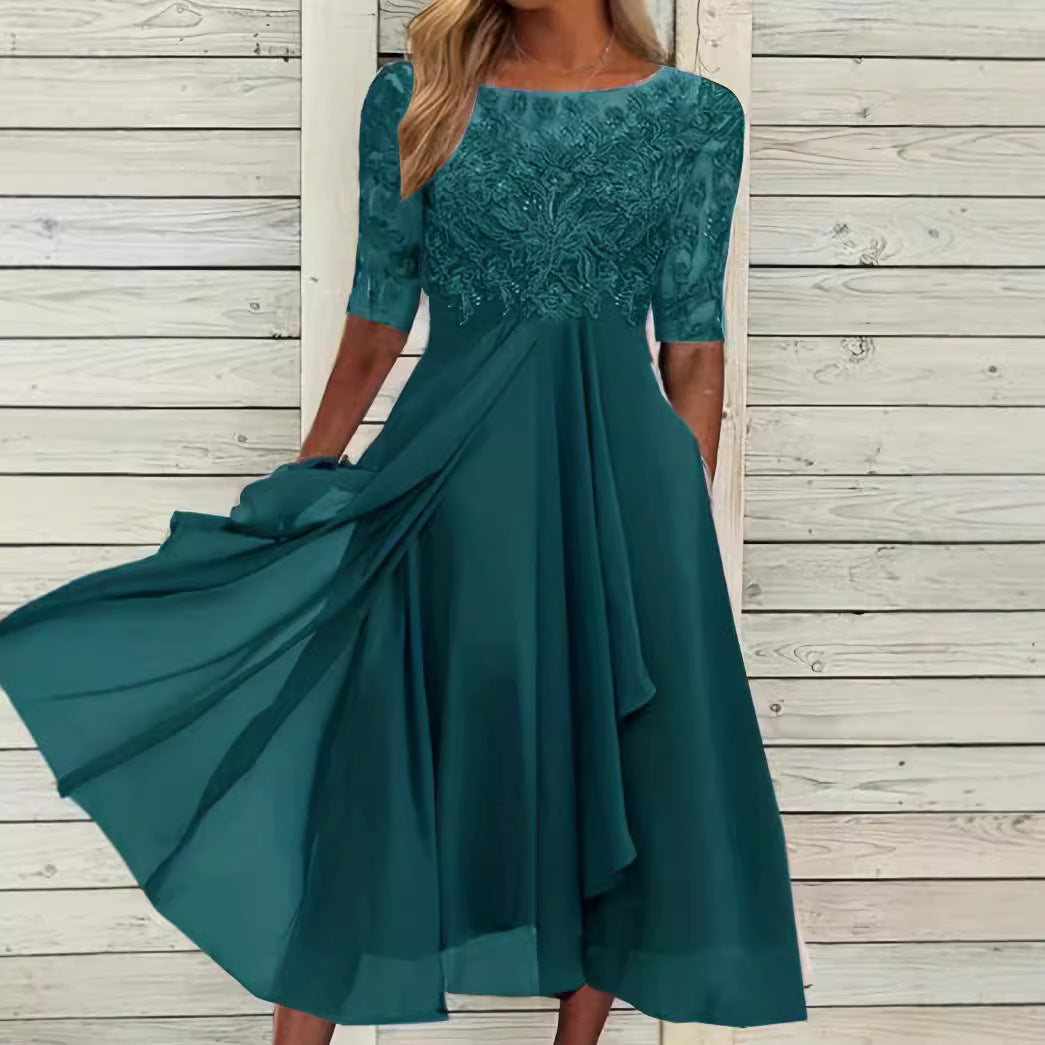 Damen nan elegantes Cocktailkleid mit bestickter Korsage, U-Boot-Ausschnitt und fließendem Chiffonrock Drune