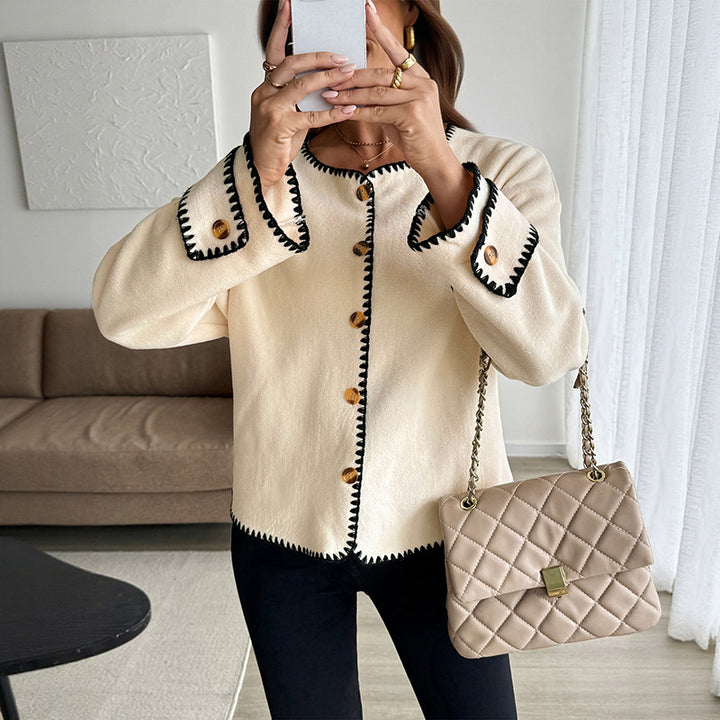 Damen Eleganter Strickjacke mit kontrastierenden Borten Drune