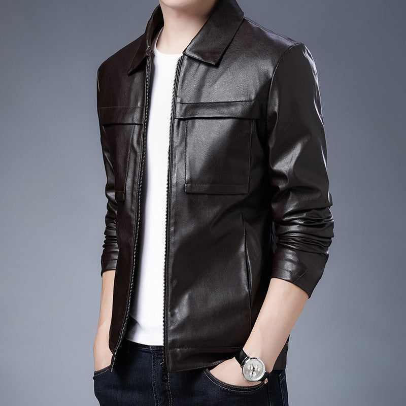 Herren minimalistisches Kunstleder-Zipblouson mit Hemdkragen und Pattentaschen Drune