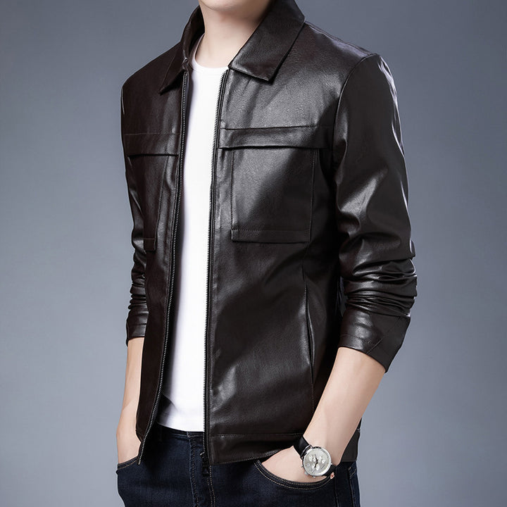 Herren minimalistisches Kunstleder-Zipblouson mit Hemdkragen und Pattentaschen Drune