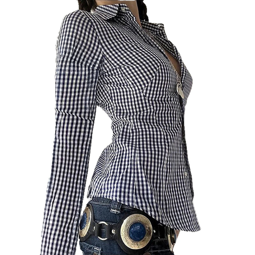 Damen nan taillierte Karobluse mit Hemdkragen, durchgehender Knopfleiste und geschwungenem Saum Drune