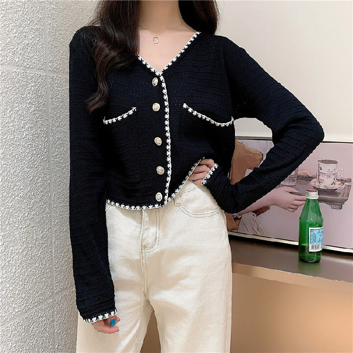 Damen modische Strickjacke mit kontrastierenden Details und Knopfleiste Drune
