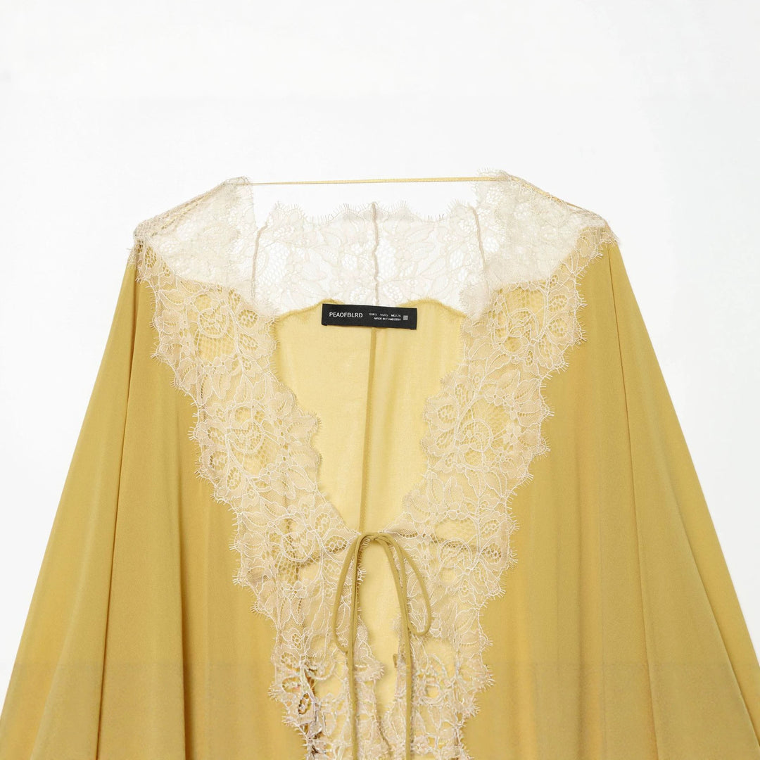 Damen nan transparente Chiffon-Kimono-Bluse mit feiner Spitzenkante, Kordelbindung und gerafften Ärmeln Drune