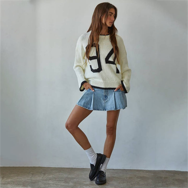Damen Grobstrick-Pullover mit Rundhalsausschnitt, Kontrastbesatz & Oversized-Silhouette Drune