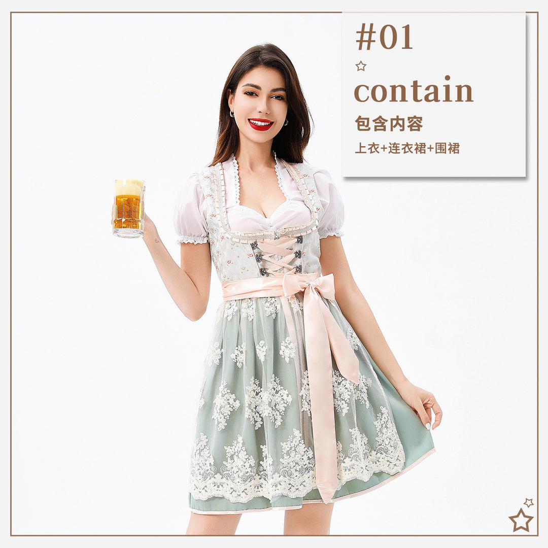 Damen nan traditionelles Dirndlkleid mit Korsett-Schnürung, Spitzenapplikation und Puffärmeln Drune