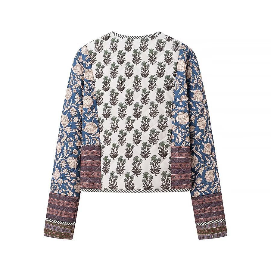 Damen Gesteppte Kurzjacke im Boho‑Patchwork‑Stil mit offenem Vorderteil Drune