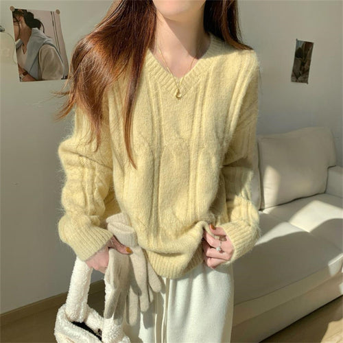 Damen kuscheliger Strickpullover mit V-Ausschnitt und Zopfmuster Drune
