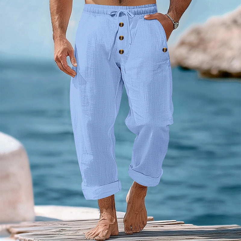 Herren nan lässige atmungsaktive Leinenhose mit Kordelzug Knopfleiste und aufgerollten Bündchen Drune