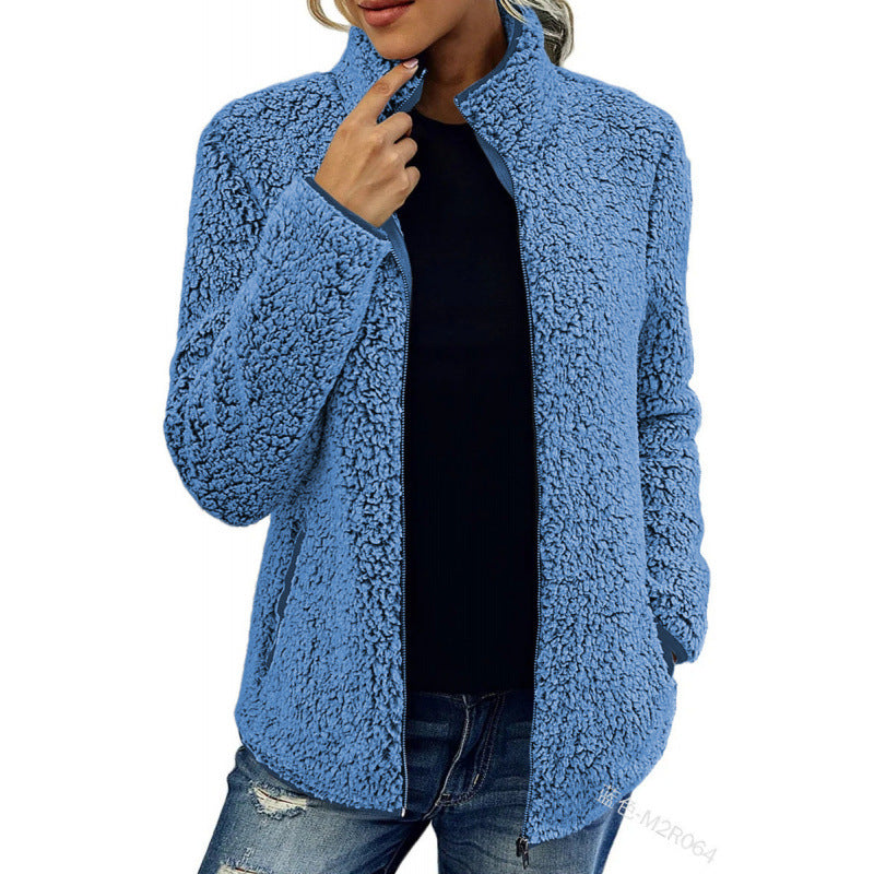 Damen flauschige Fleecejacke mit hohem Kragen und seitlichen Taschen Drune