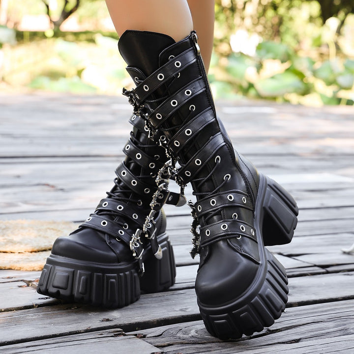 Damen Plateau-Bikerboots mit dekorativen Riemen, Ösen und Ketten Drune