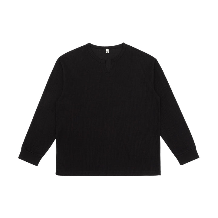 Unisex Leichtes Struktur-Langarmshirt mit Schlitzkragen und gerippten Bündchen Drune