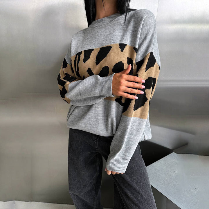 Damen Oversized Strickpullover mit Leoparden-Bahnen, überschnittener Schulter und geripptem Saum Drune