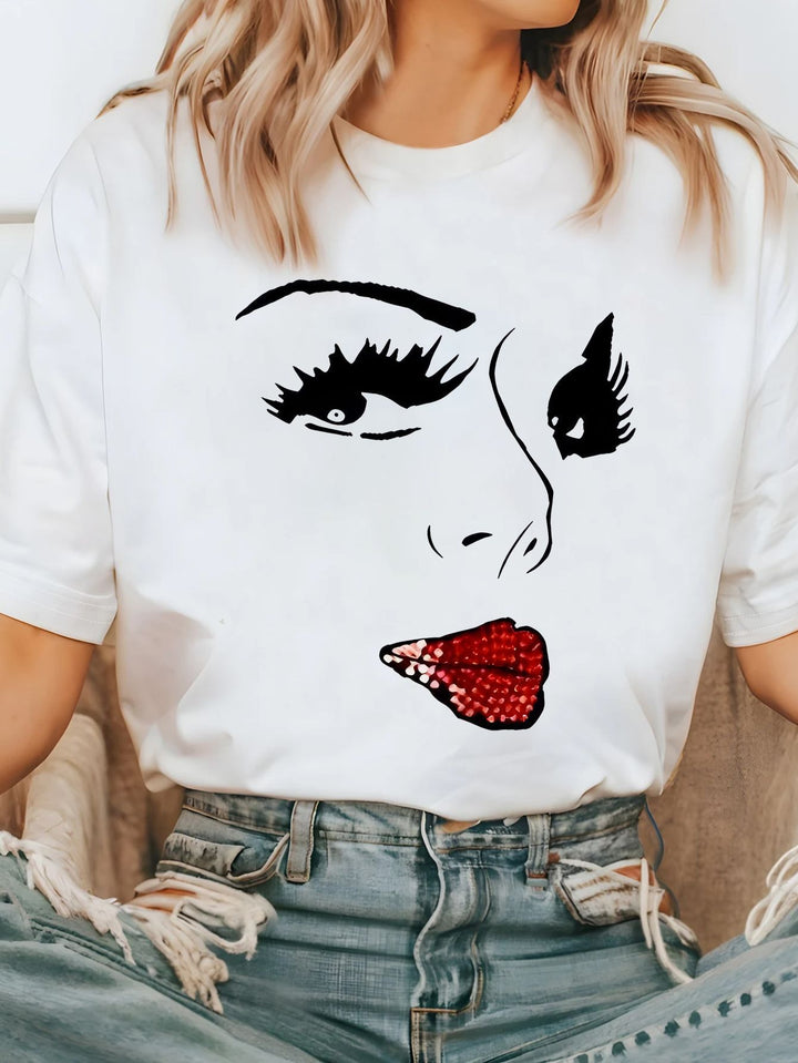 Damen T-Shirt mit kreativem Grafikdruck und luxuriösen Paillettenakzenten Drune