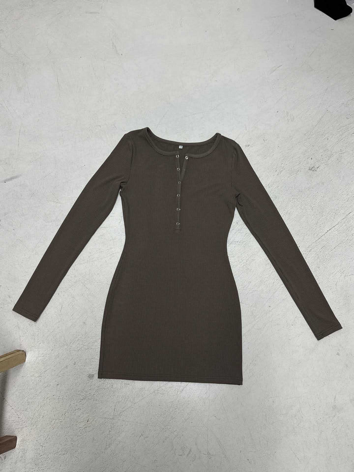 Damen nan figurbetontes Ripp-Strickkleid mit Henley-Knopfleiste und langem Arm Drune
