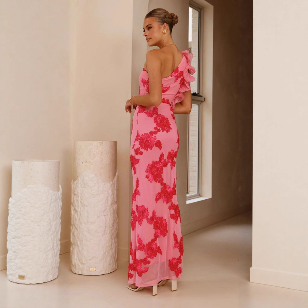 Damen Elegantes und figurbetontes Maxikleid mit asymmetrischem Träger und floralen Applikationen Drune