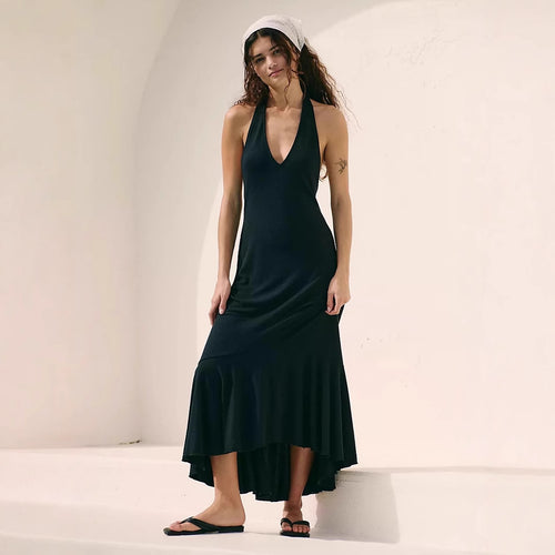 Damen elegantes Maxikleid mit tiefem V-Ausschnitt und schwingendem Saum Drune