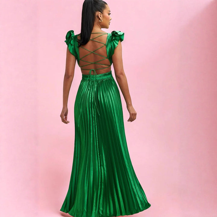 Damen Elegantes Maxikleid mit tiefem V-Ausschnitt und Rüschendetails Drune