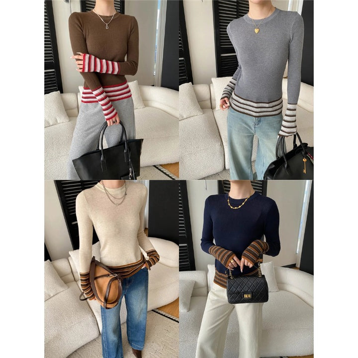 Damen eleganter Strickpullover mit modischen Streifen Drune