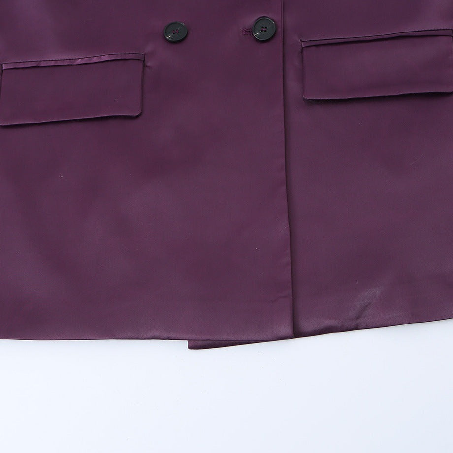 Damen Doppelreihiger Satin-Blazer mit spitzem Revers und Pattentaschen Drune