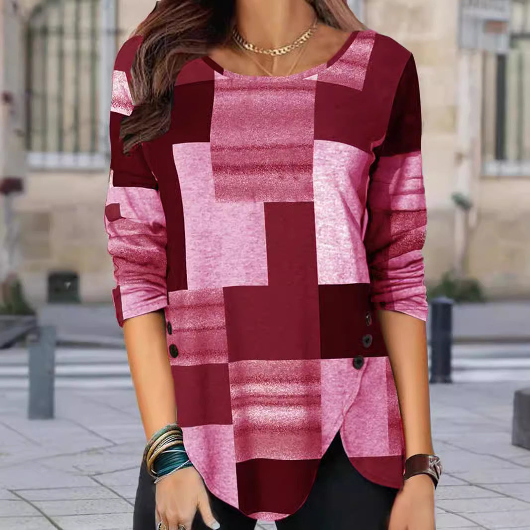Damen gemustertes Langarm-Tunika-Shirt mit asymmetrischem Saum und dekorativer Knopfleiste Drune