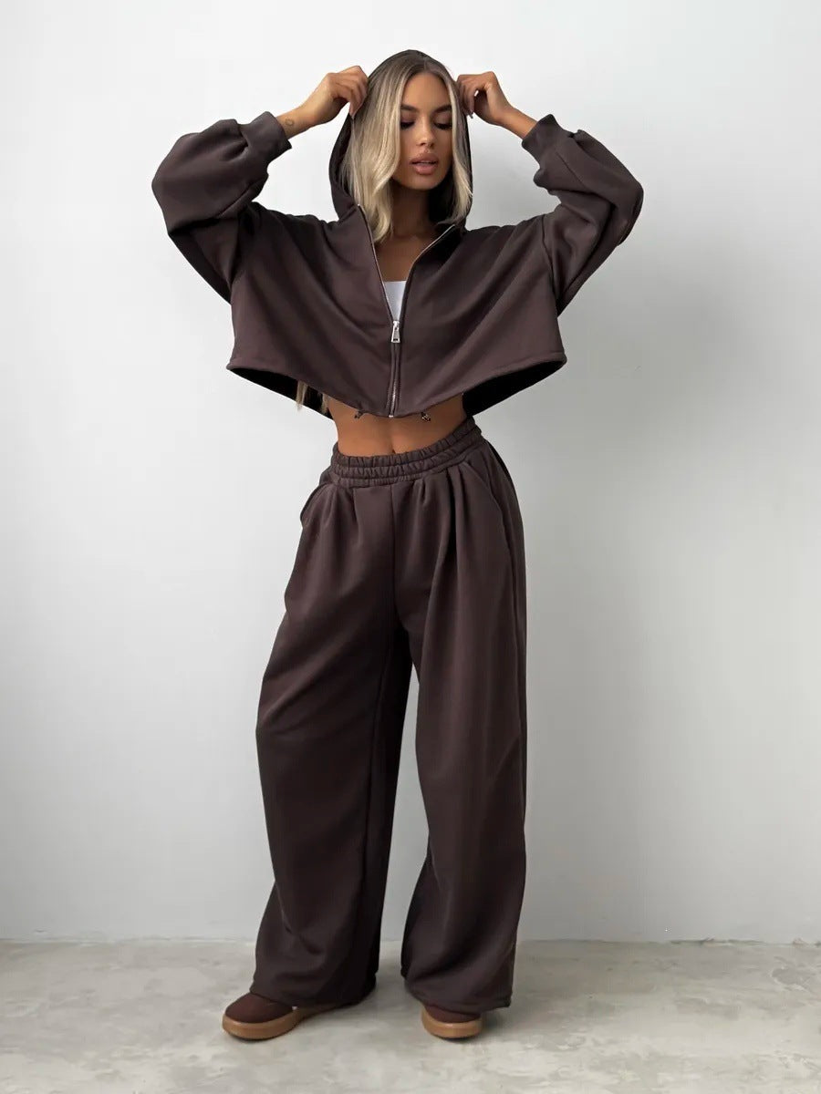 Damen Kurz geschnittenes Kapuzen-Sweatshirt und weite Lounge-Jogginghose Set Drune