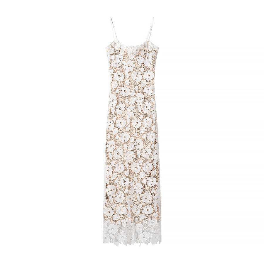 Damen Spitzenkleid mit feinen Rüschen und Spaghettiträgern Drune