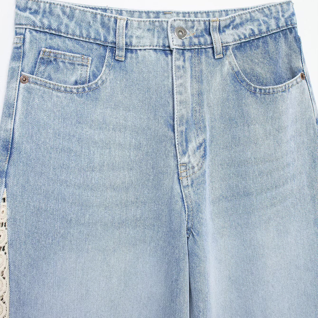 Damen Highwaist Cropped Wide‑Leg Jeans mit Häkelspitzen-Seitenstreifen Drune