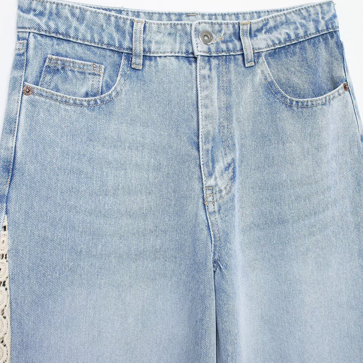 Damen Highwaist Cropped Wide‑Leg Jeans mit Häkelspitzen-Seitenstreifen Drune