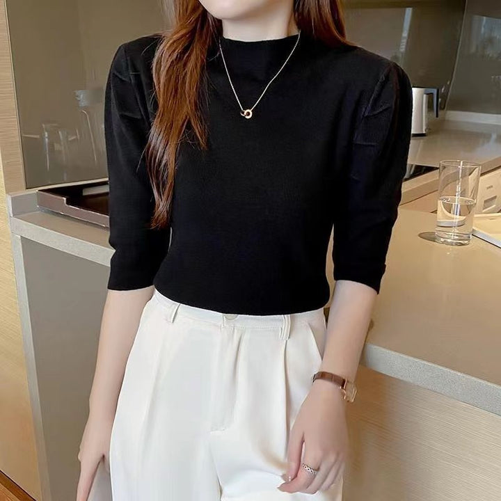 Damen elegantes Oberteil mit Puffärmeln und hochwertigem Strick Drune