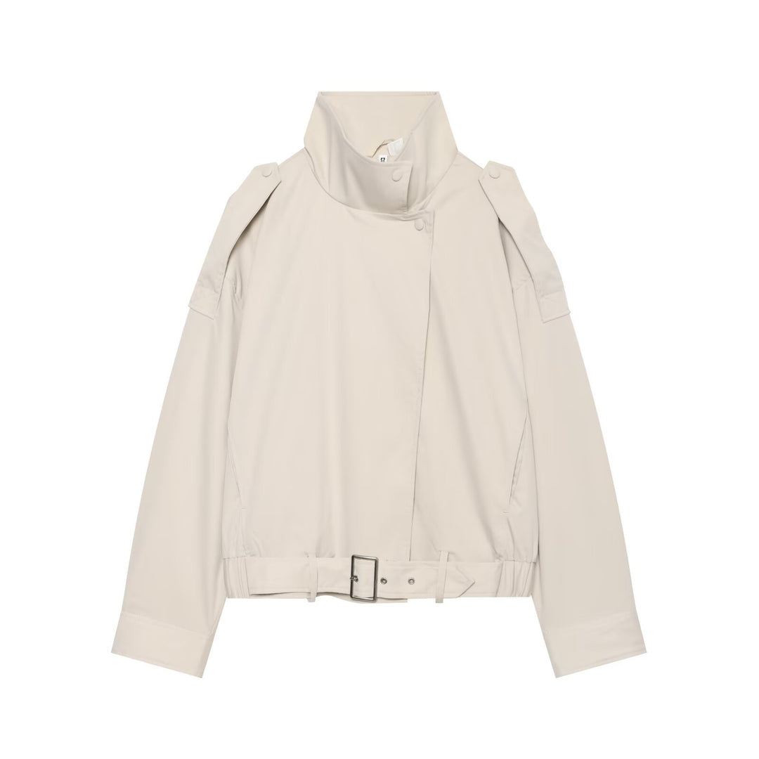 Damen Kurz geschnittene Trench-inspirierte Jacke mit hohem Stehkragen und Taillengürtel Drune
