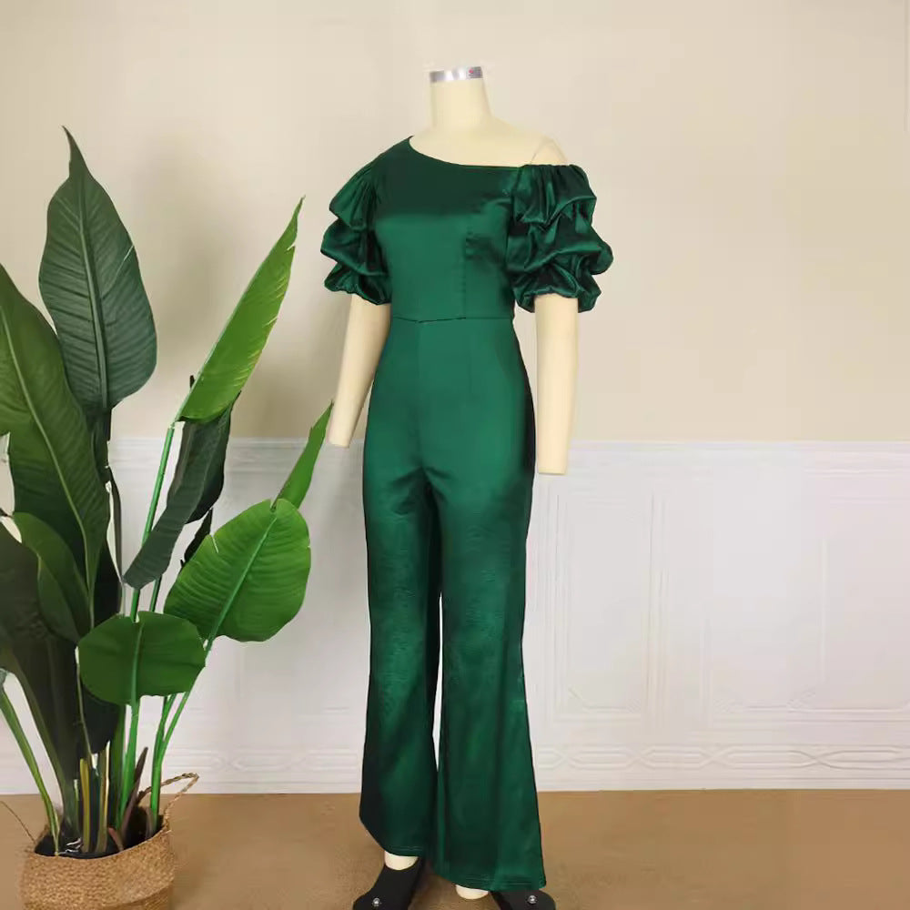 Damen Eleganter Jumpsuit mit asymmetrischen Puffärmeln Drune