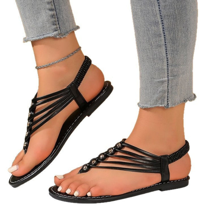 Damen modische und luftige Zehentrenner-Sandalen mit dekorativen Riemen Drune