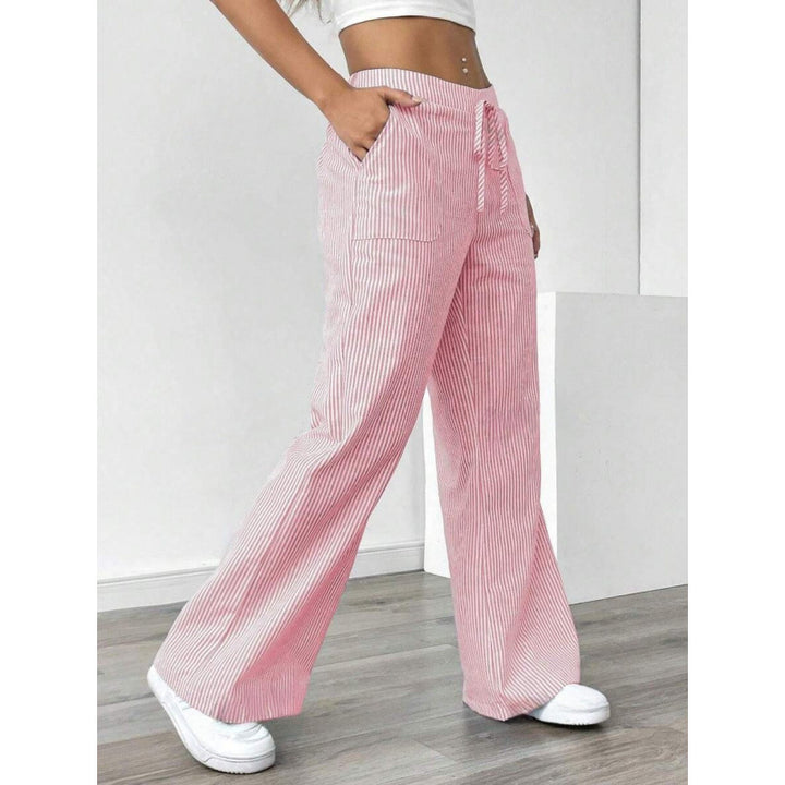 Damen breite Streifenhose mit hohem Taillenbund und praktischen Taschen Drune
