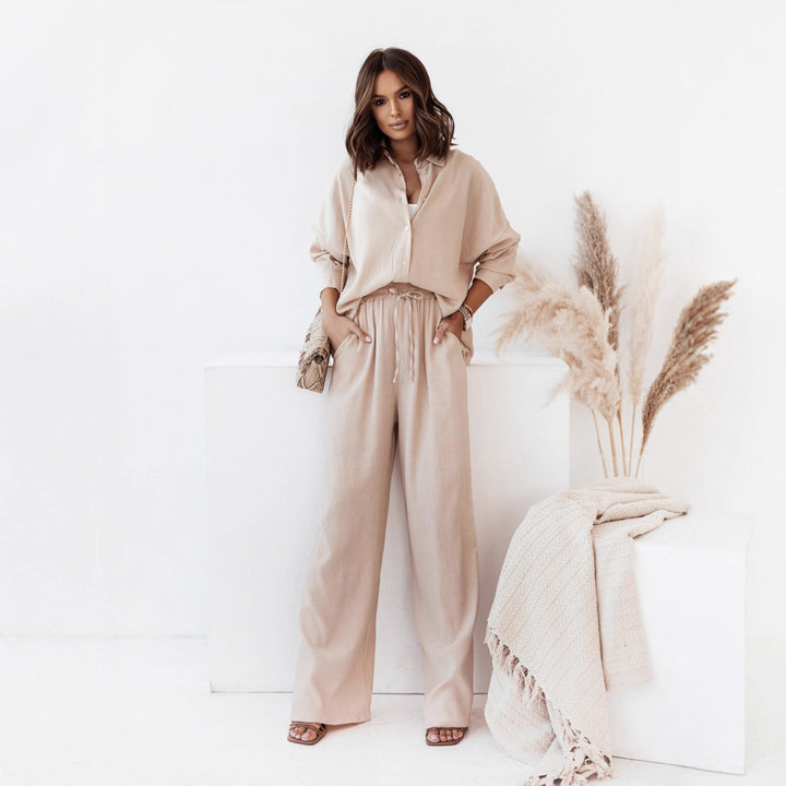 Damen Crinkle-Lounge-Set mit oversized Hemdbluse und weiten Palazzo-Hosen Drune